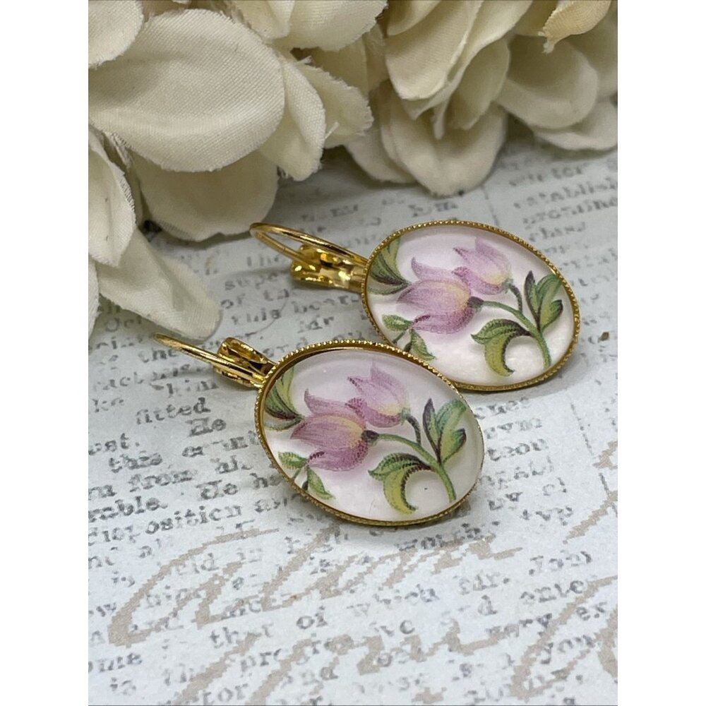 Frosted Pink Tulip Gold Boutique Wire Earrings Wedding Bridal Gift Birthday Wife - Picture 6 of 12